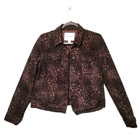 Nine West Womens Jacket Brown M Leopard Animal Print Denim Jean Stretch - Picture 1 of 5